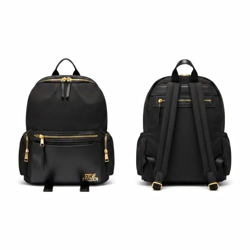 Steve Madden Black Logo Backpack Gold Hardware Zip Closure Women